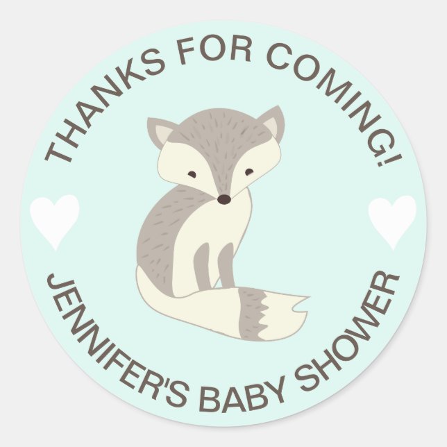 Mint Heart Fox Baby Shower Stickers (Front)