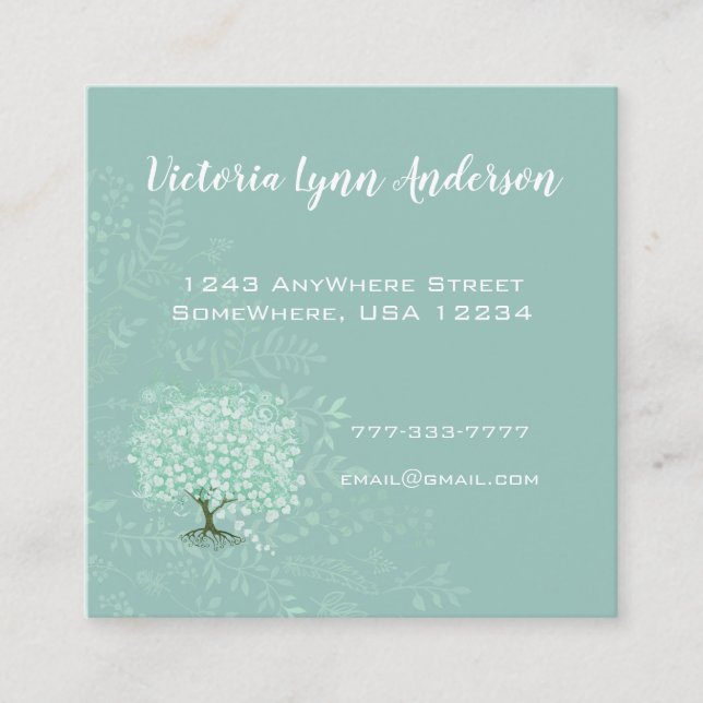 Mint Heart Leaf Tree Boho Floral and Feathers Square Business Card (Front)