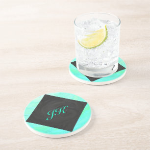 Mint Ice Blue and Black Monogram Coaster