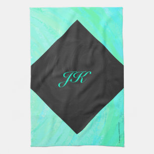 Mint Ice Blue and Black Monogram Kitchen Towel