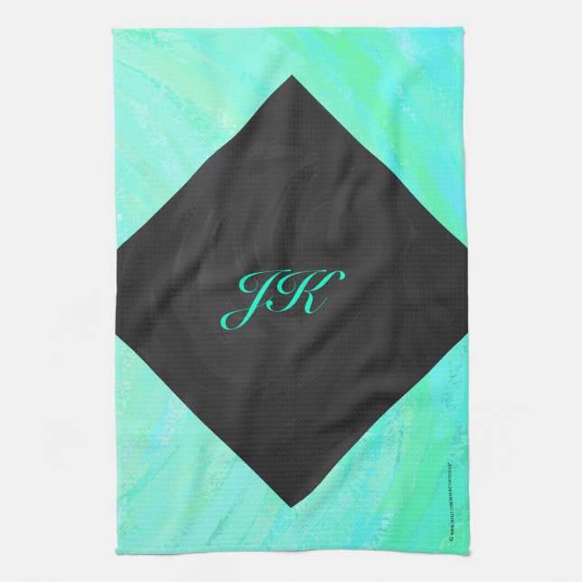 Mint Ice Blue and Black Monogram Kitchen Towel (Vertical)