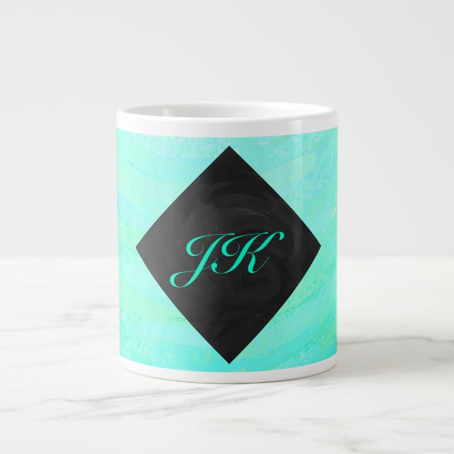Mint Ice Blue and Black Monogram Large Coffee Mug (Front)