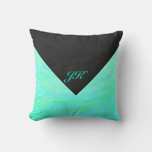Mint Ice Blue and Black Monogram Throw Pillow