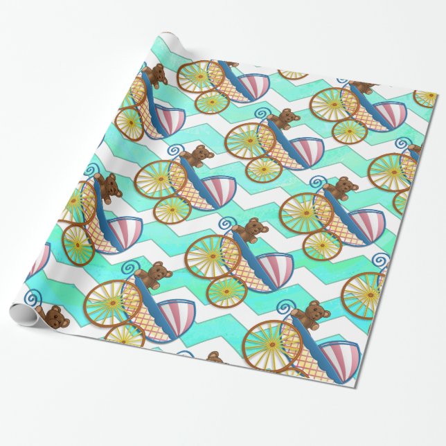 Mint Ice Blue Chevron Patteryn Baby Wrapping Paper (Unrolled)