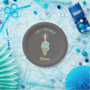 Mint Ice Cream Sparkler Boy 1st Birthday Party Paper Plate