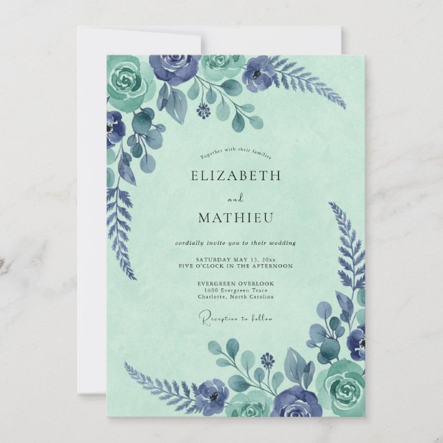 Mint Indigo Botanical Watercolor Wedding Invitation (Front)