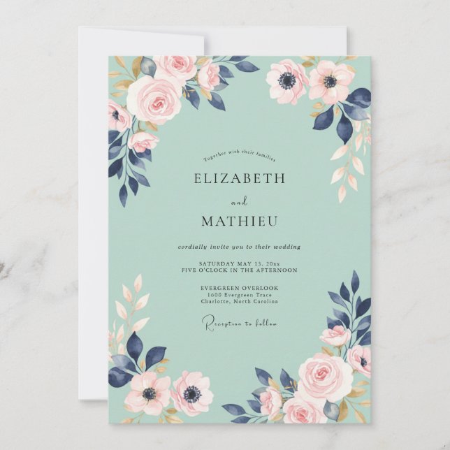 Mint Indigo Petal Wedding Invitation (Front)