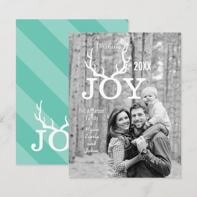 Mint Joy Deer Antlers Holiday Christmas Photo Card (Front/Back)