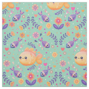 Mint Kawaii Goldfish Sea Garden Pattern Fabric