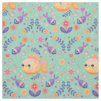 Mint Kawaii Goldfish Sea Garden Pattern Fabric