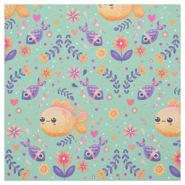 Mint Kawaii Goldfish Sea Garden Pattern Fabric (Swatch)
