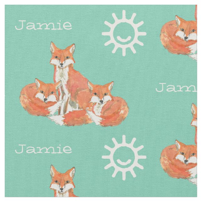 Mint Kids Sunshine Fox Tracks Personalized Fabric (Close Up)