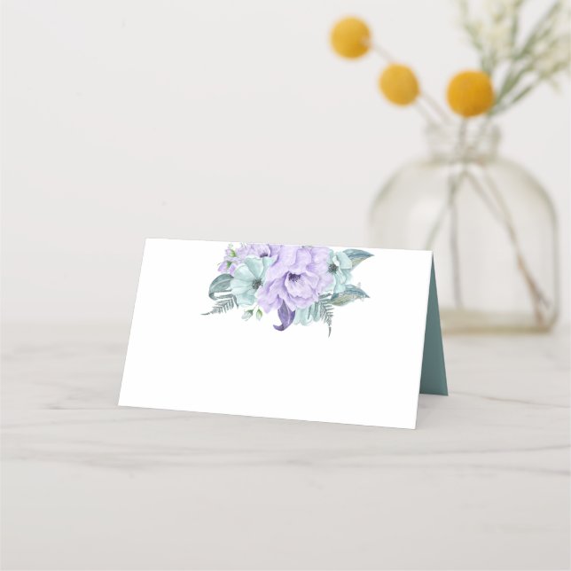Mint Lavender Purple Watercolor Peonies Place Card (Front)