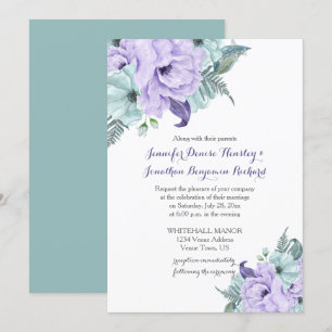 Mint Lavender Purple Watercolor Peonies Wedding Invitation