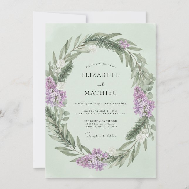 Mint Lavender Wreath Wedding Invitation (Front)