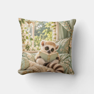 Mint Lemur Reading Floral Book Nook Throw Pillow