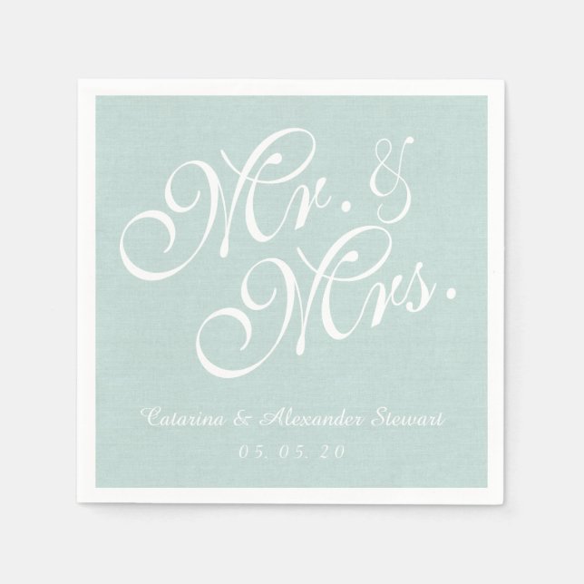 Mint Linen Mr. and Mrs. Wedding Paper Napkins (Front)