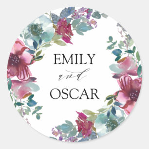 Mint & Mauve Watercolour Floral Wedding Classic Round Sticker