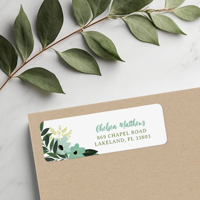 Mint Modern Floral Personalized Return Address (Creator Uploaded)