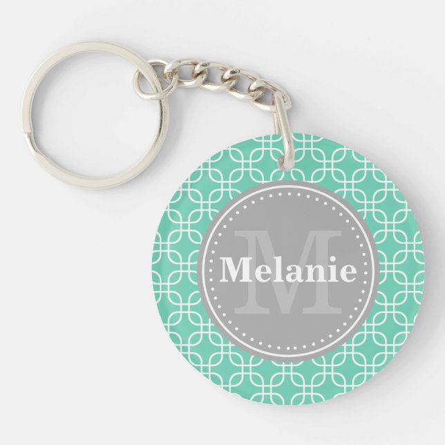 Mint Modern Squares Pattern Grey Monogram Keychain (Front)