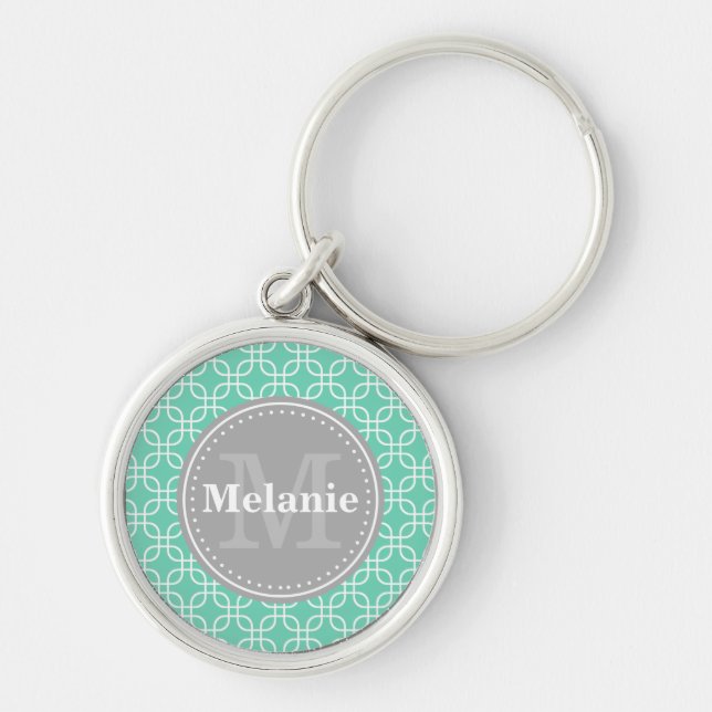 Mint Modern Squares Pattern Grey Monogram Keychain (Front)