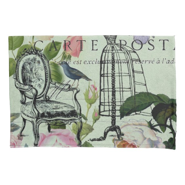 mint modern vintage french rose  butterfly paris pillowcase (Front-Left)