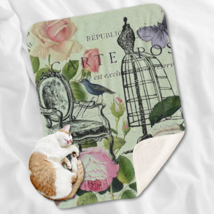 mint modern vintage french rose butterfly paris sherpa blanket