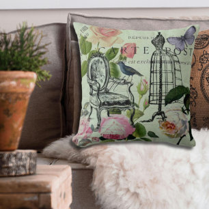 mint modern vintage french rose  butterfly paris throw pillow