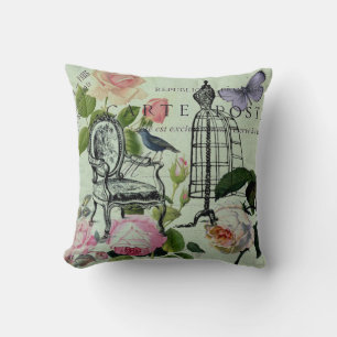 mint modern vintage french rose  butterfly paris throw pillow