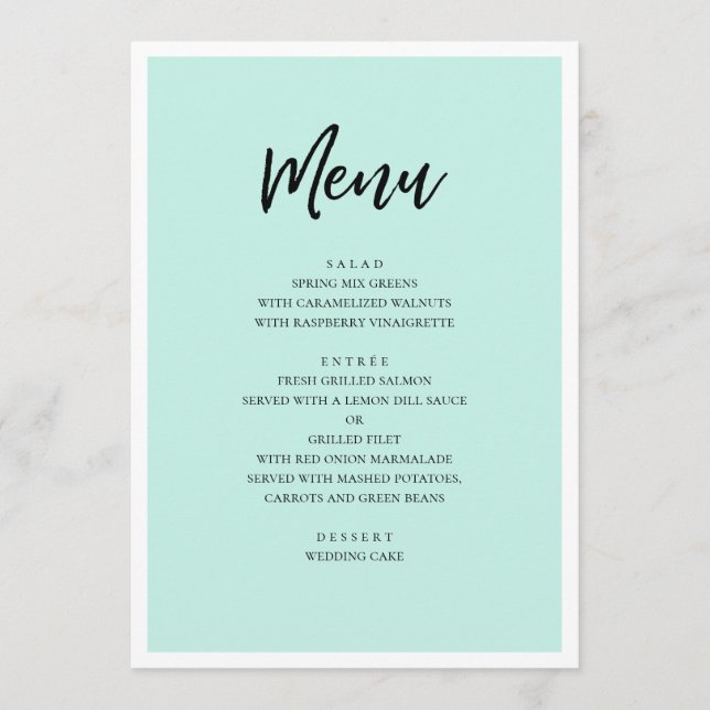 Mint modern wedding. Simple minimalist script Menu (Front)