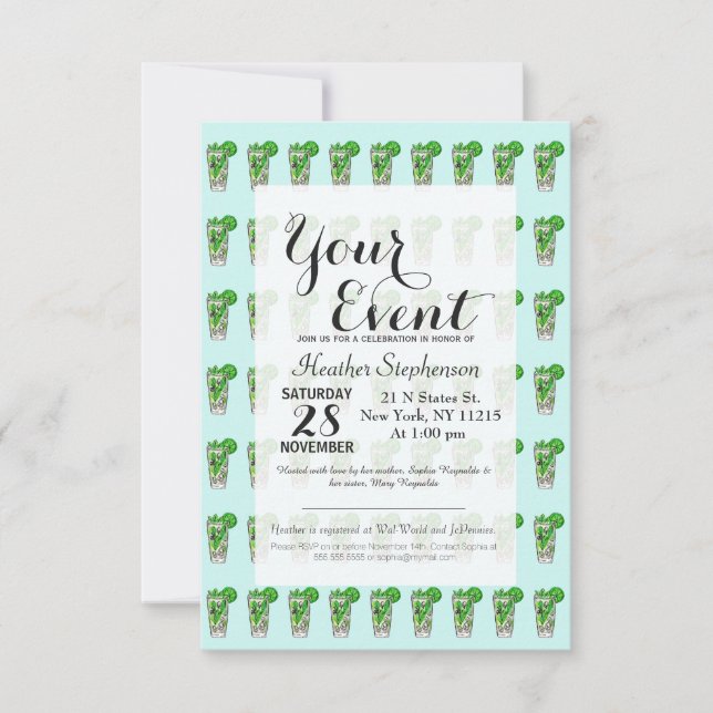Mint Mojito in Summer Watercolor Cocktail Invitation (Front)
