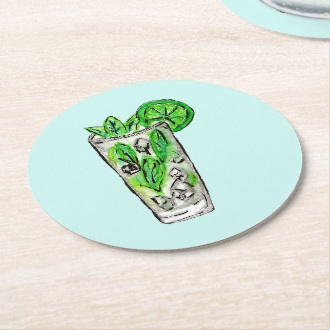 Mint Mojito in Summer Watercolor Cocktail Round Paper Coaster (Angled)