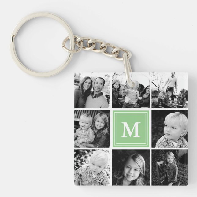 Mint Monogram Family Photo Collage Keychain (Front)
