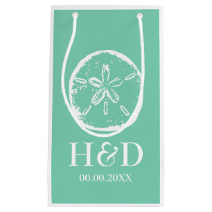 Mint monogram sand dollar wedding favour gift bags