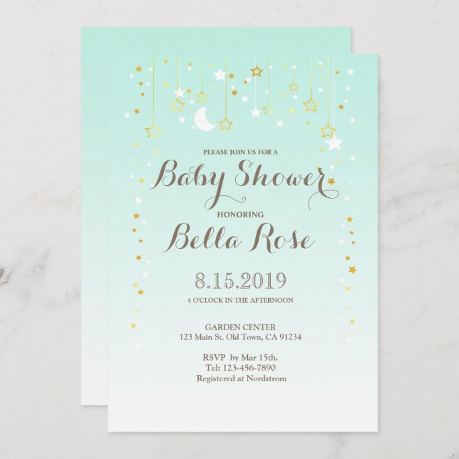 Mint Moon Star Gender Neutral Baby Shower Invite (Front/Back)