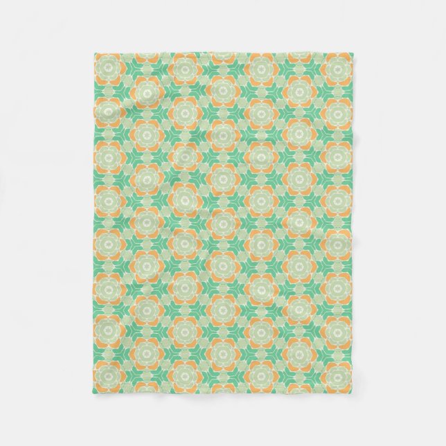 Mint mosaic flower pattern tile 70s 60s fleece blanket (Front)