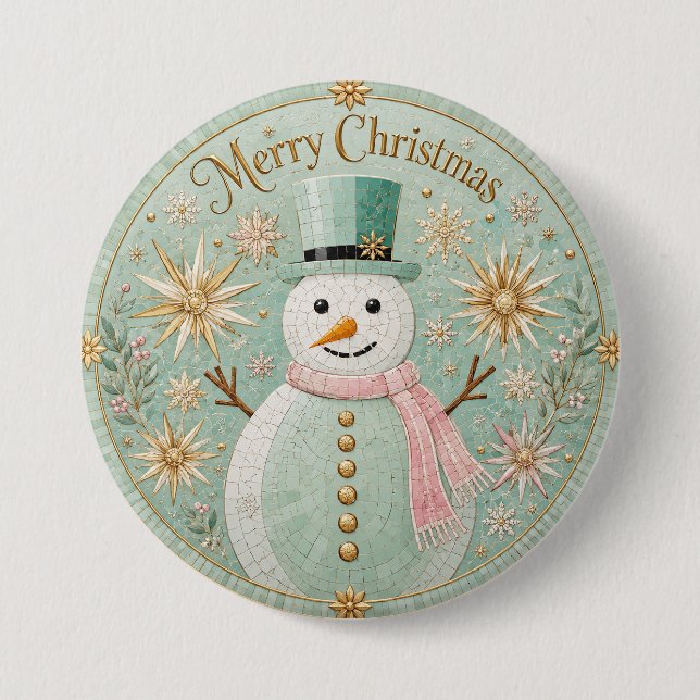 Mint Mosaic Snowman Christmas Cheer 3 Inch Round Button (Front)