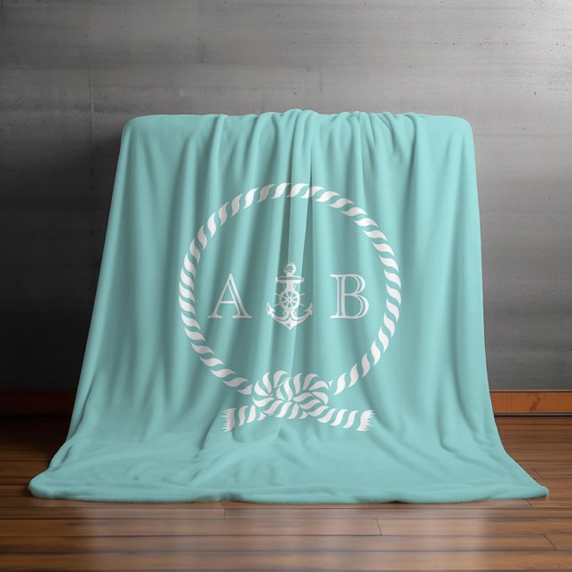 Mint Nautical Rope and Anchor Monogrammed Fleece Blanket (Creator Uploaded)