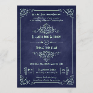 Mint & Navy Blue Chalkboard Art Deco Invitation