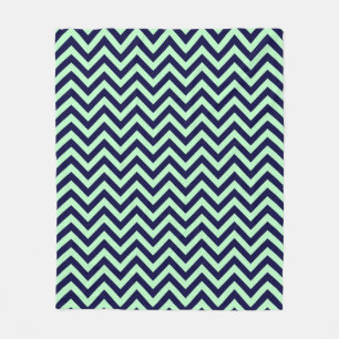 Mint, Navy Blue Large Chevron ZigZag Pattern Fleece Blanket