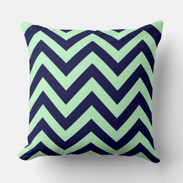 Mint, Navy Blue Large Chevron ZigZag Pattern Throw Pillow (Front)