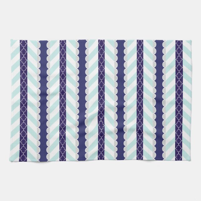 Mint, Navy Blue, White Geometric Striped Pattern Kitchen Towel (Horizontal)