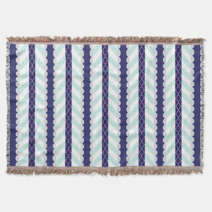 Mint, Navy Blue, White Geometric Striped Pattern Throw Blanket