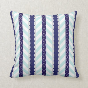 Mint, Navy Blue, White Geometric Striped Pattern Throw Pillow