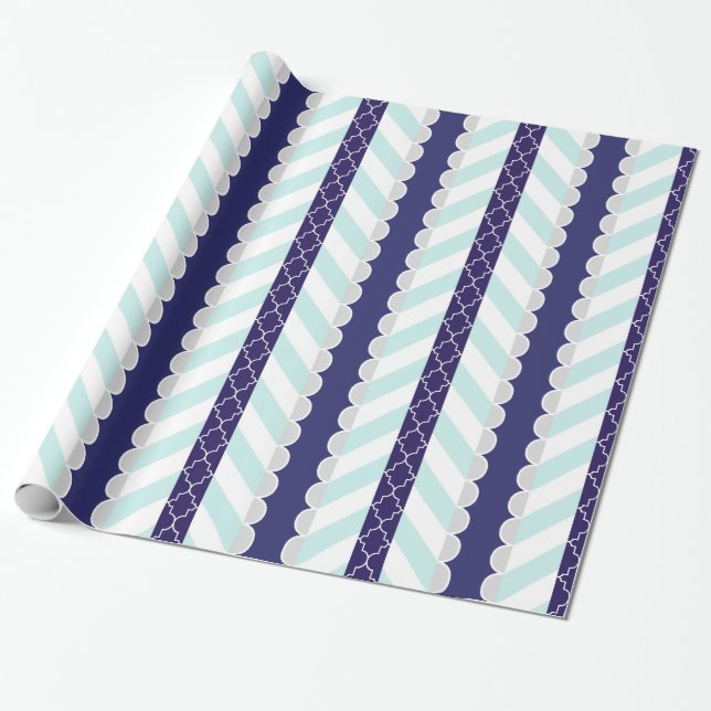 Mint, Navy Blue, White Geometric Striped Pattern Wrapping Paper (Unrolled)