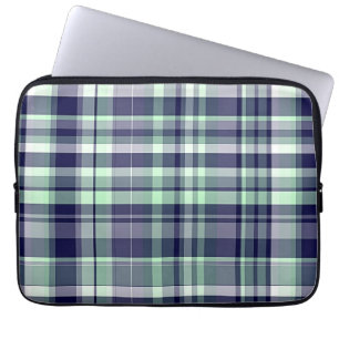 Mint, Navy Blue, White Preppy Madras Plaid Laptop Sleeve