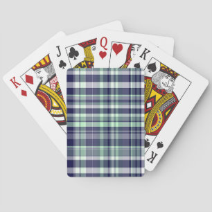Mint, Navy Blue, White Preppy Madras Plaid Playing Cards