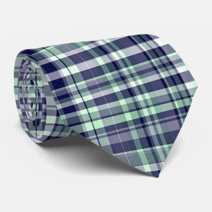 Mint, Navy Blue, White Preppy Madras Plaid Tie