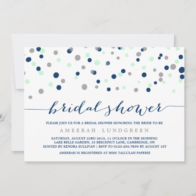 Mint & Navy Confetti Dots Bridal Shower Invitation (Front)