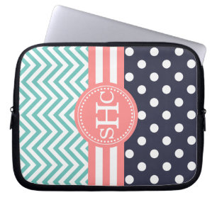 Mint, Navy & Coral Chevron Polka Dots Personalized Laptop Sleeve